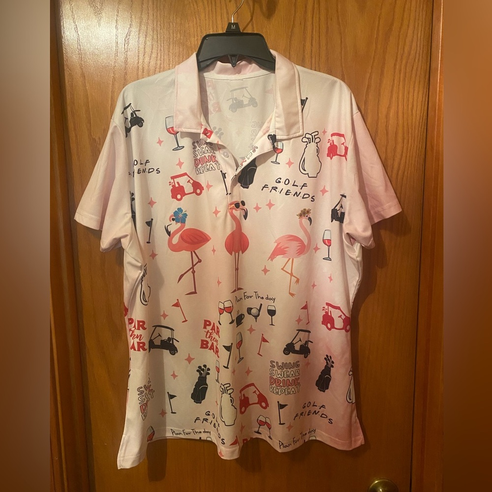 Flamingo Print Women's Short Sleeve Golf Polo Shirt - XXL